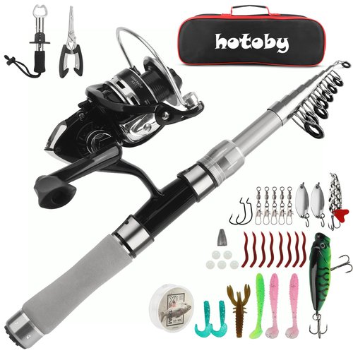 Fishing Pole Combo Set, 6.89ft Fishing Rod and Reel Combo, Carbon Fiber Telescopic Fishing Rod Kit with Spinning Reel, Fishing Pliers, Lip Gripper, Line, Lures for Beginner Angler (Silvery, 2.1M-1)
