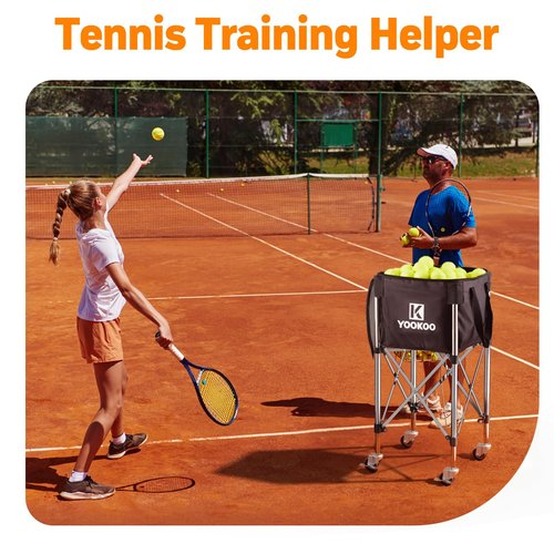 YooKoo Sturdy Tennis Ball Hopper Holds 200 Balls, Lightweight Tennis Ball Basket with 2 Lockable Wheels, Easy to Use Without Installation for Tennis Training and Teaching
