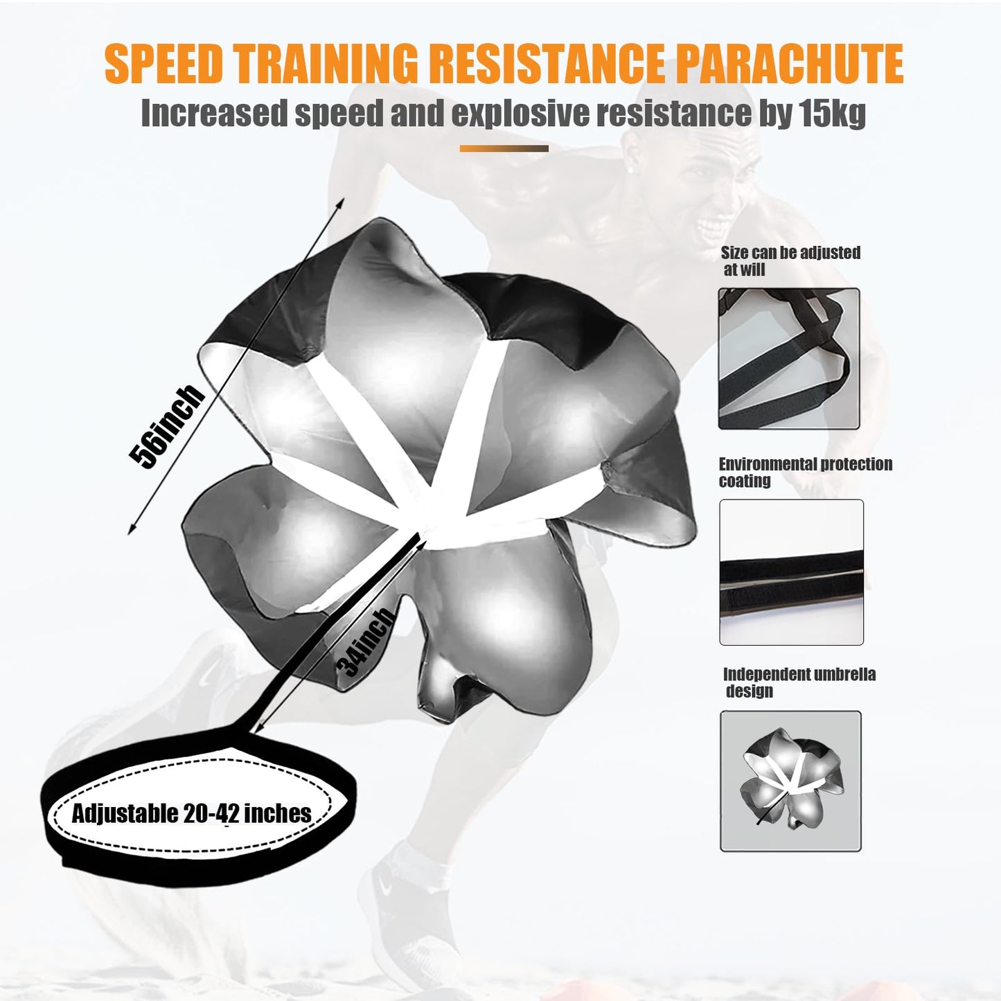 Running Parachute for Speed Training, Adjustable Speed Chute for Track and Field Football Basketball Soccer Training, 56-Inch Parachute with 12-33LBS Resistance, Quick-Release Belt for Adults & Kids