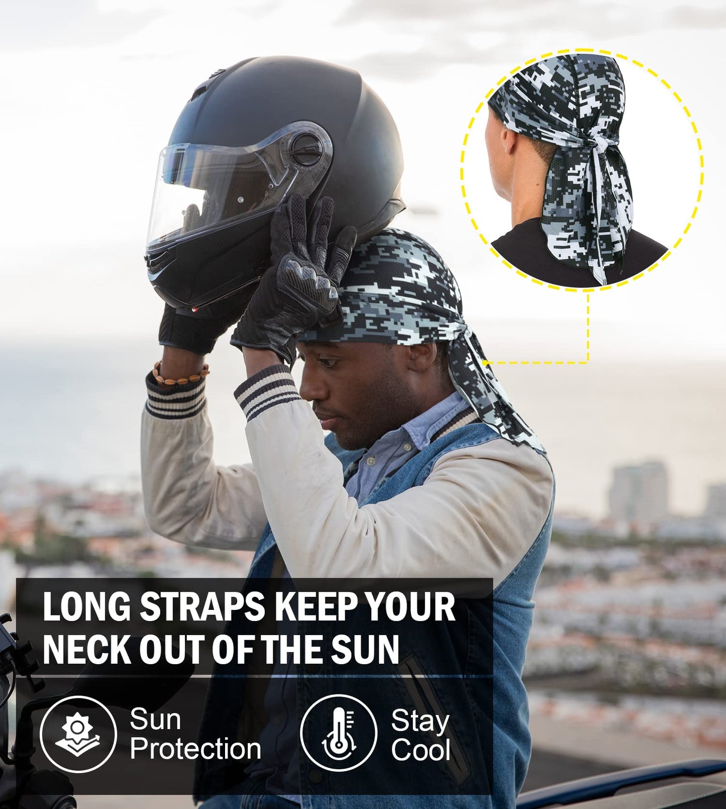 MELASA Cooling Do Rags Skull Cap Helmet Liner, Sweat Head Wraps Bandanas for Men Running Cycling Motorcycle(Digital Camo Gray)