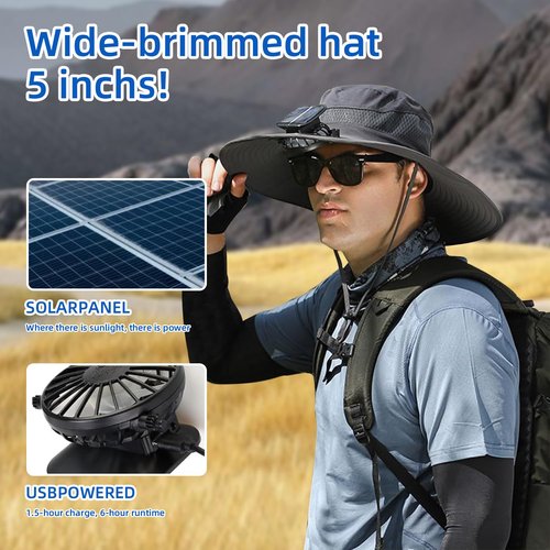 Wide Brim Solar/USB Rechargeable Fan Hat - Adjustable Cooling Sun Hat for Men & Women, Outdoor Fishing Gardening Hats Additional Sunglasses
