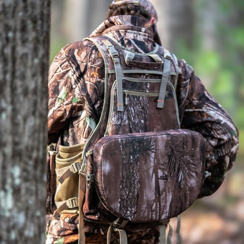 NEW VIEW Turkey Hunting Vest with Seat - Lightweight Camo Adjustable Fit, Removable Cushion and Large Game Bag Storage for Turkey Hunting