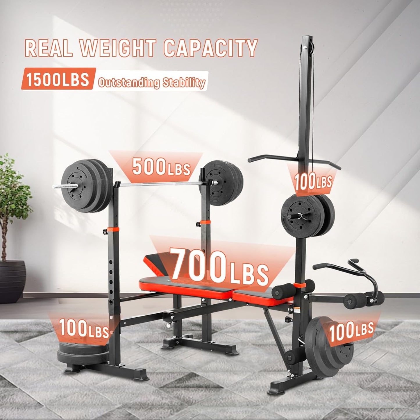 1500LB 8 IN 1 Olympic Weight Bench with Lat Pulldown and Leg Extension/Curl, Foldable Bench Press with Preacher Curl & Barbell Rack, Workout Benches for Home Gym(US Stock)