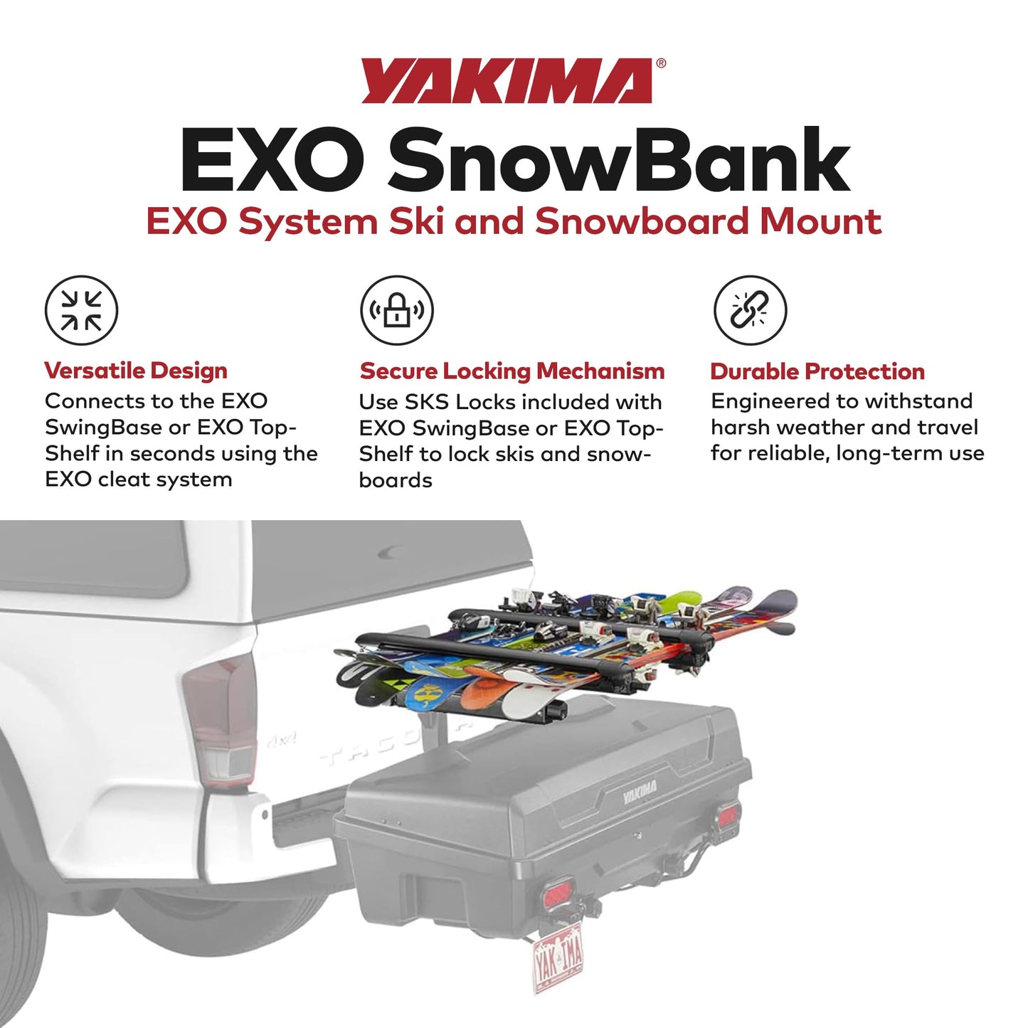 Yakima EXO SnowBank 5 Ski or 4 Snowboard Universal Car Mount Travel Roof Rack with Double Joint Hinge, SKS Lock, and 1 Button Access, Black