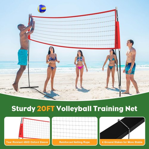 Hezeyferg 20FT Freestanding Volleyball Training Net, 5 Height Adjustable Portable Volleyball Net System, Quick Setup Practice Set for Indoor or Outdoor Use (Red)