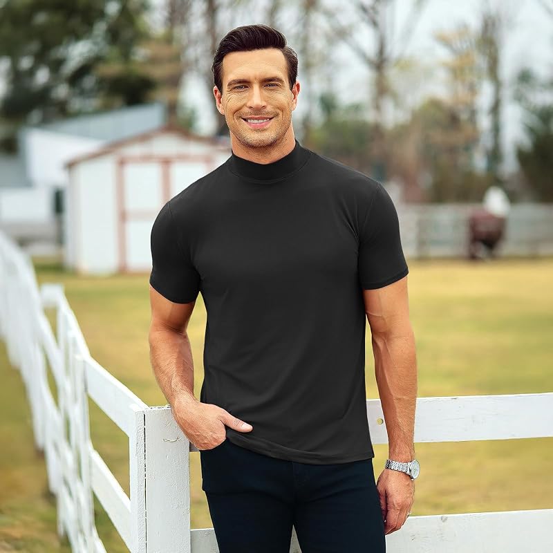 Men's Mock Neck Short Sleeve T-Shirt - Basic Fit, 80/20 Cotton-Spandex, Black Small