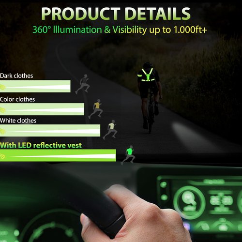 Pomerol LED Reflective Vest Running Gear High Visibility Reflective Running Gear Rechargeable Light Up Running Vest for Walking Running Cycling, Adjustable for Men Women （ 4Lights Colors +LED Wrist）