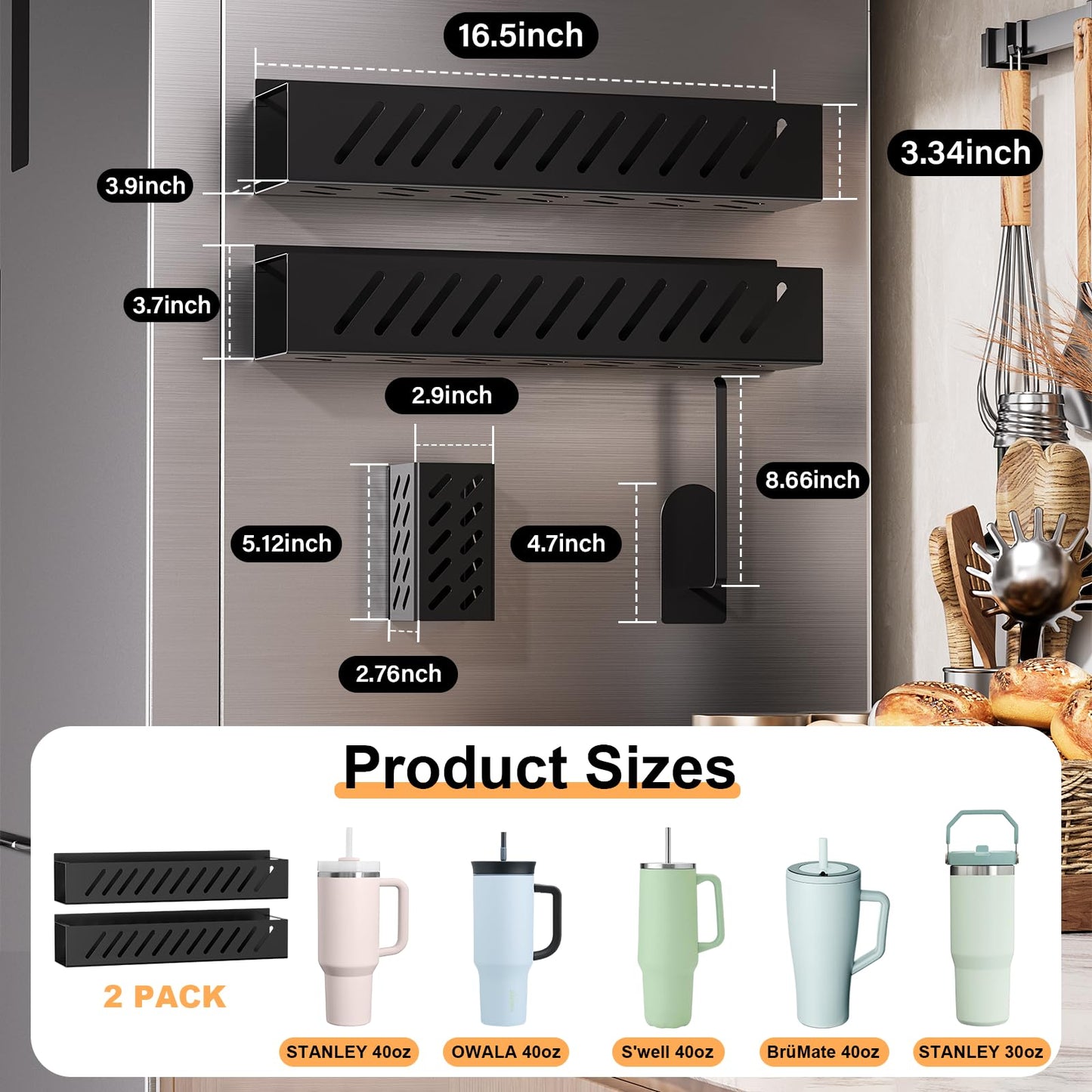 Wolera 2-Pack Magnetic Stanley Cup Holder with Tumbler Lid & Straw Organizer for Full Stanley 30/40 oz Tumblers - Stores Bottle, Lid & Straw on Fridge/Iron - Removable