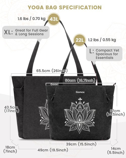 Gonex Yoga Mat Bag, Large Yoga Tote Bag with Multi Pockets for Women Men, Canvas Yoga Mat Carrier Fits Yoga Blocks & Accessories, Full Zipper Easy Access for Pilates, Gym, Travel, Black, Large