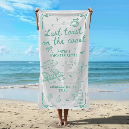 Custom Bachelorette Beach Towel for Men for Women, Trendy, Gift Personalized Last Toast on The Coast Towel, Girls Weekend or Coastal Party Favor for Bride Crew