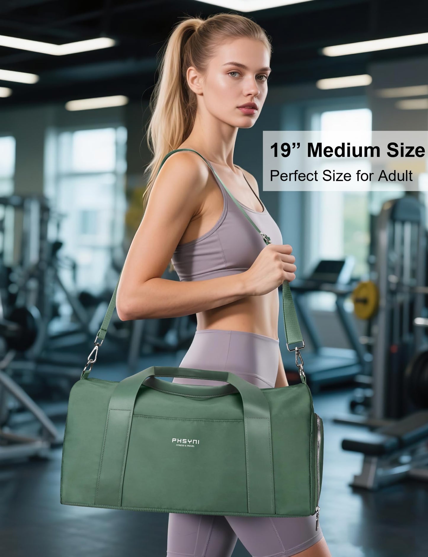 PHSYNI Gym Bag for Women Girls with Shoe Compartment & Wet Pocket - Duffle Bag for Travel Sports Fitness Workout Athletic, 19"-Medium, Olive Green