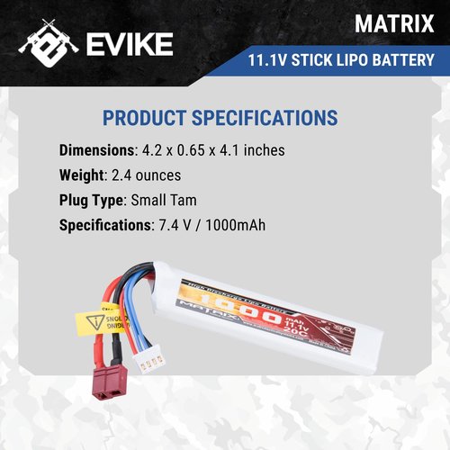 Evike Airsoft - Matrix High Performance 7.4V Stick Type Airsoft LiPo Battery (Model: 1000mAh / 20C / Deans & Short Wire)