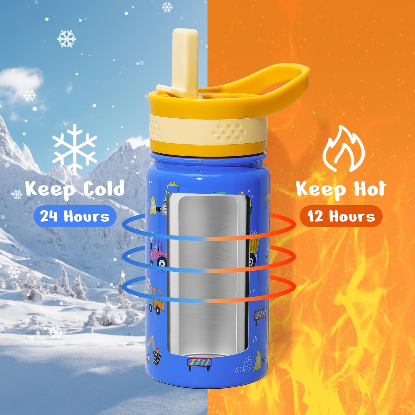 2 Pack Insulated Kids Water Bottle, BUZIO 14oz Stainless Steel Water Bottles with Tritan Straw Lid, BPA-FREE Lead-Free Double Wall Leak Proof Drink Cups Flask for School (Blue Car +Blue Dinosaur)