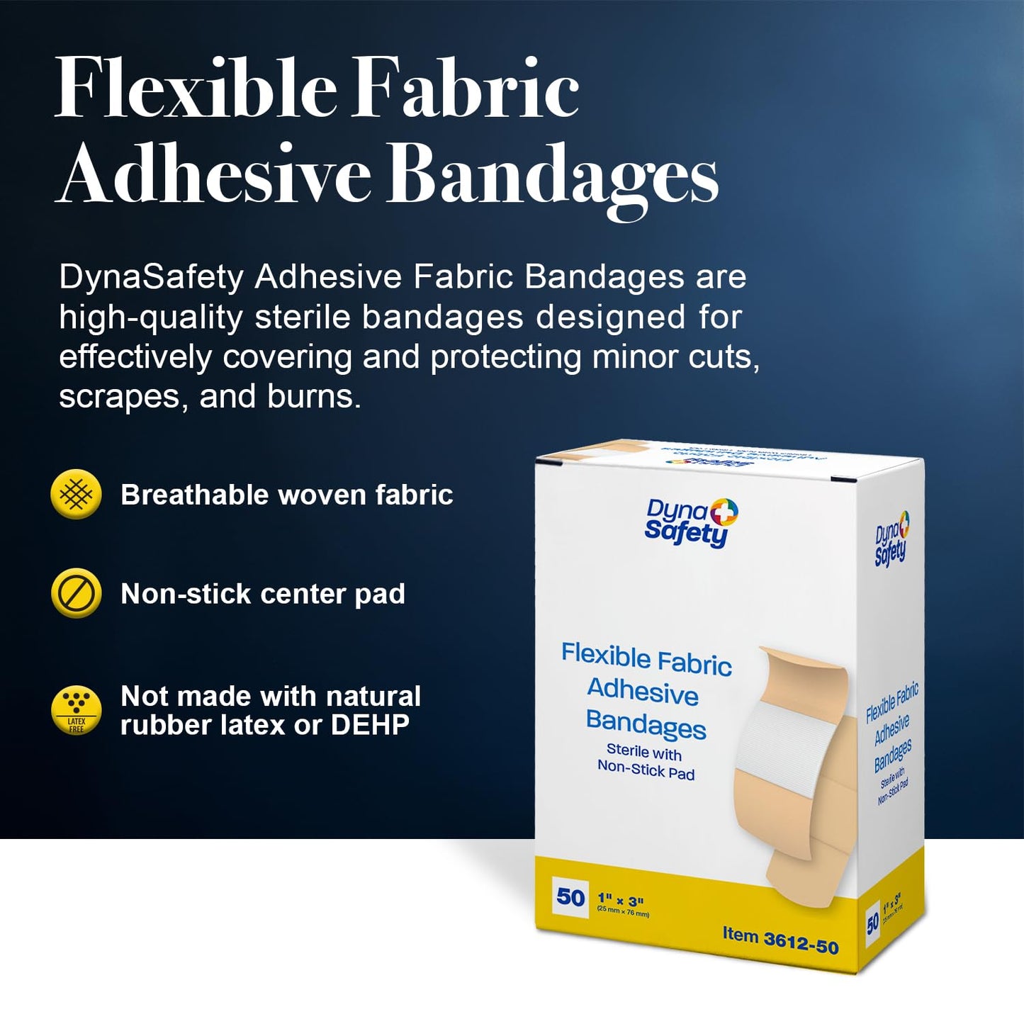 Dynarex Sterile Adhesive Fabric Bandages – 1" x 3" Flexible Wound Dressing for Minor Cuts, Breathable Material, Secure Fit with Non-Stick Pad, 1 Box of 50