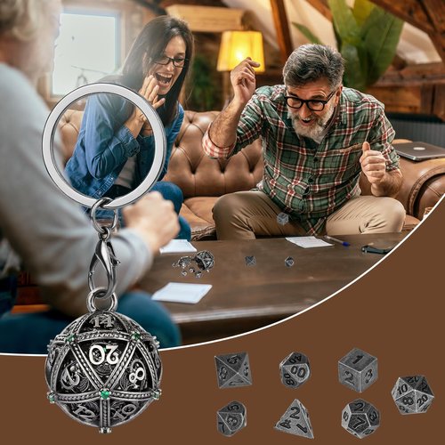 Mini DND Dice Set with Spherical Hollow D20 Metal Case Portable Keychain Necklace, Tiny 7pcs Polyhedral D&D Dice Set, DND Gifts with Gift Box, D&D Accessories for RPG（Green Diamond, Silver）