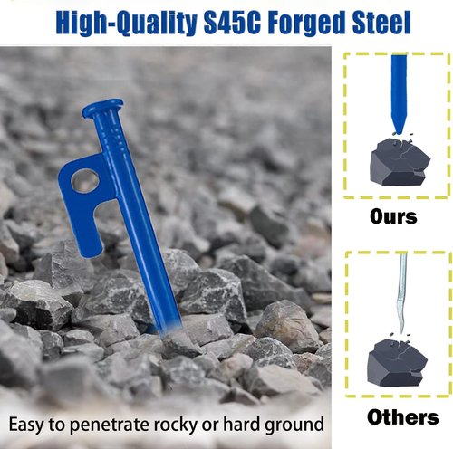4Pcs Heavy-Duty Forged Steel Tent Stakes – 12in & 16in Camping Ground Anchors for Rocky Terrain & Snow, Includes Storage Pouch (Blue)