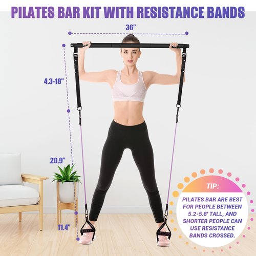 Pilates Bar Kit with Resistance Bands, 3-Section Pilates Bar with Clear Scale & Adjustable Metal Buckle, Durable Carabiner, Pilates Bar Kit for Women Full-Body Workout - Black