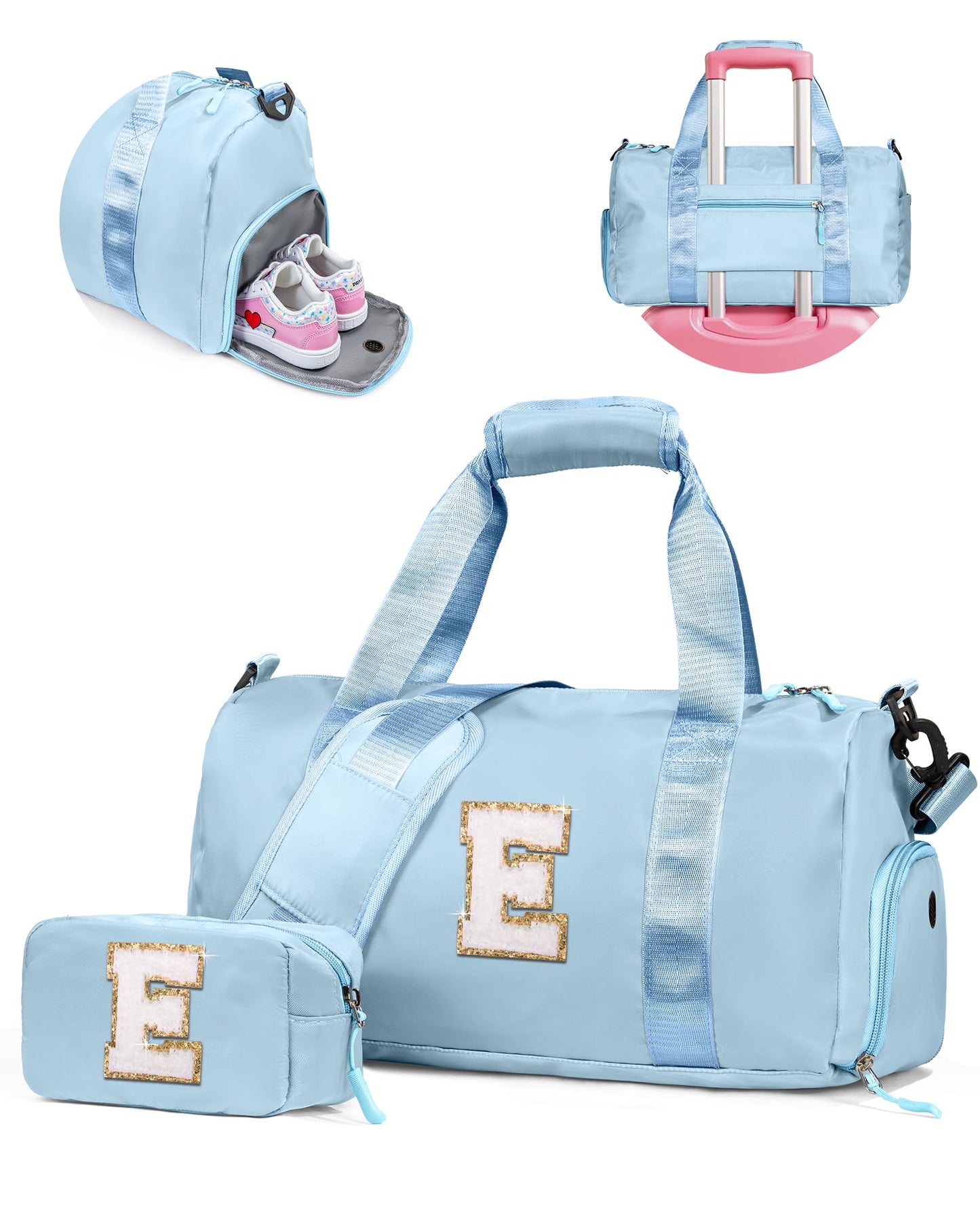Vogewood Sister Gifts from Sisters-Girl Gym Bag with Shoe Compartment, Kid Personalized Weekender Dance Bags, Initial Travel Tote with Makeup Pouch, Preppy Things for Kids Girls (Letter E)