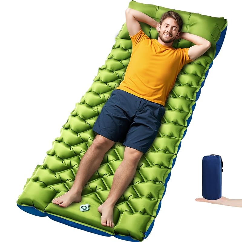 Ultralight 4in Camping Sleeping Pad with Pillow & Foot Pump — Green+Blue