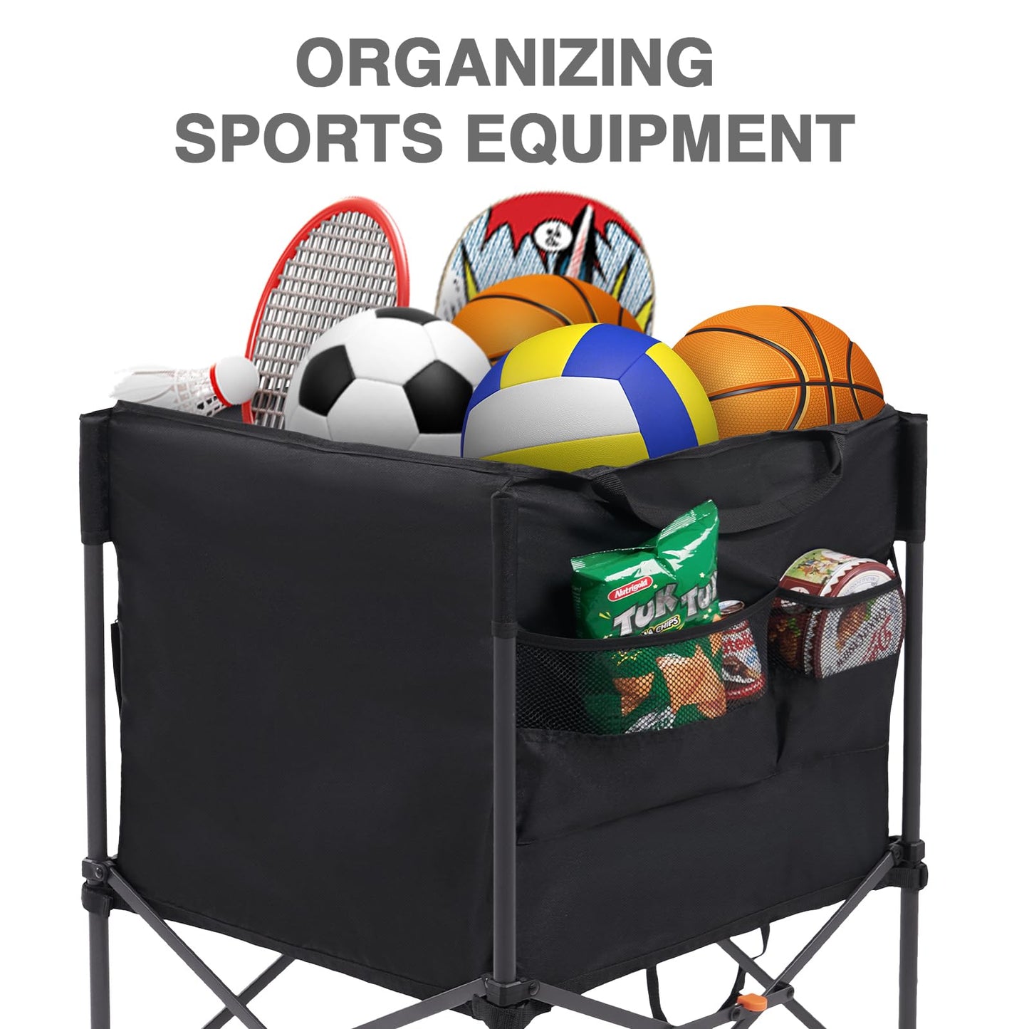 EVER ADVANCED Rolling Ball Storage Cart Lockable Wheels, 33x22.8in/45x25in Collapsible Garage Sports Equipment Organizer for Volleyball Basketball Tennis Toy Storage Multi-Sport Family Gym