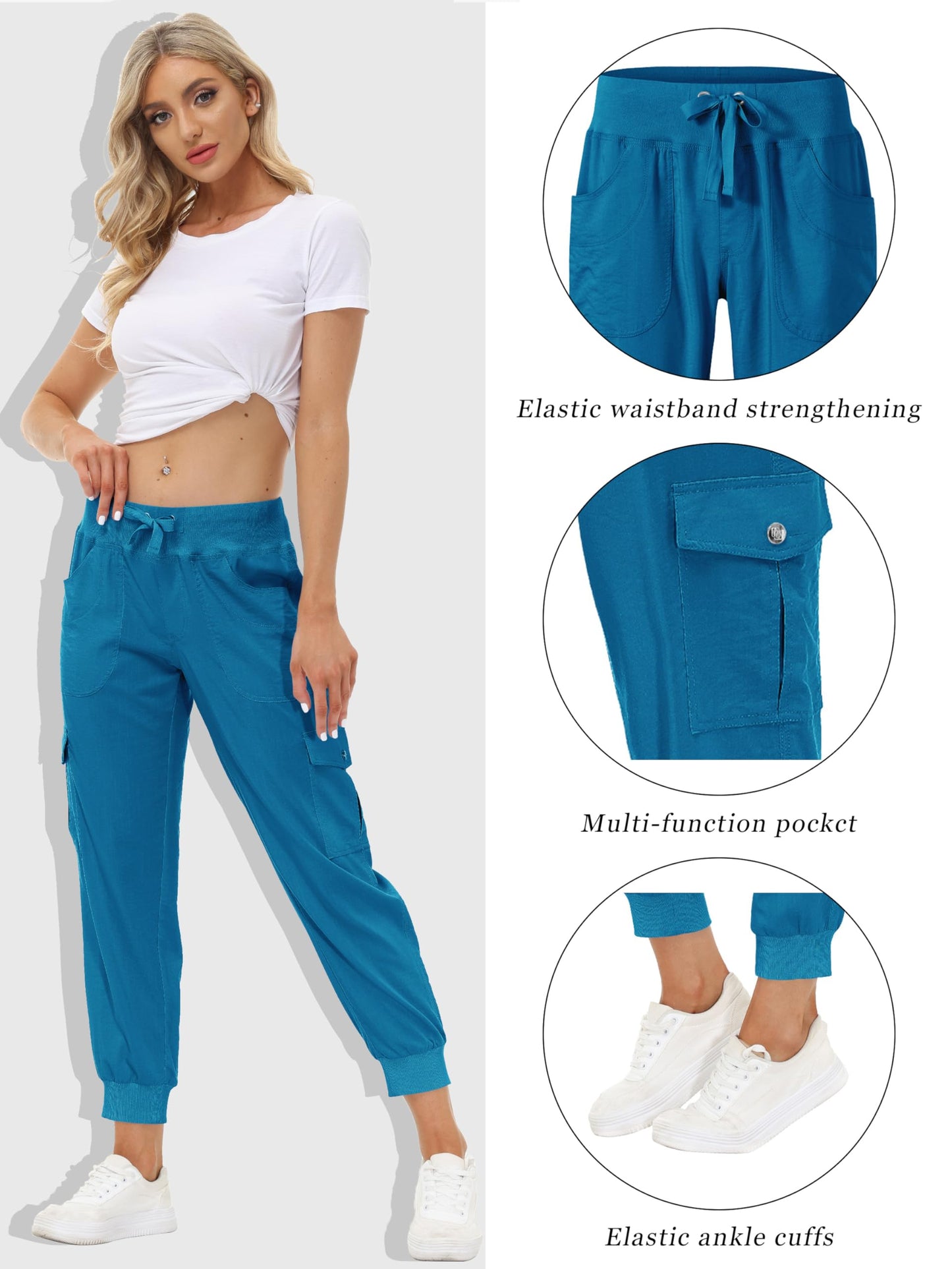 MoFiz Hiking Cargo Pants for Women with Pockets Lightweight Quick Dry Athletic Outdoor Summer Travel Casual Joggers Sweatpants Sapphire Blue L