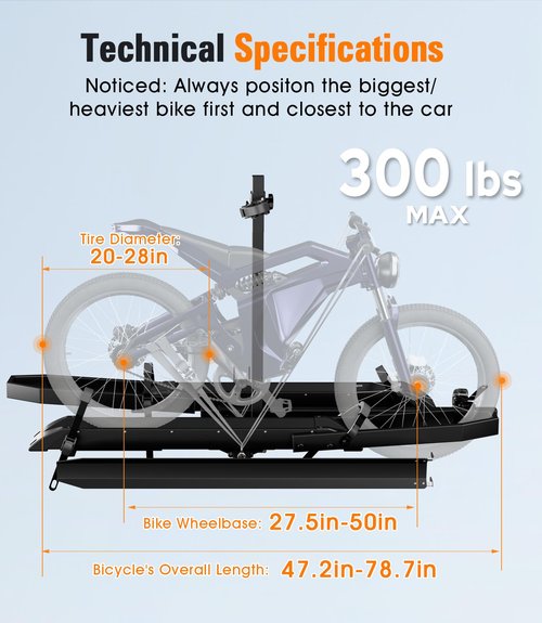 EBike Rack with Ramp for Tow Hitch with 300lbs Load Capacity, Car Bike Rack for Electric Mopeds, Fat Tire Mountain Bicycles, E Bike Carrier Raks for 2 Bikes, Fits SUV, Truck, RV, Van