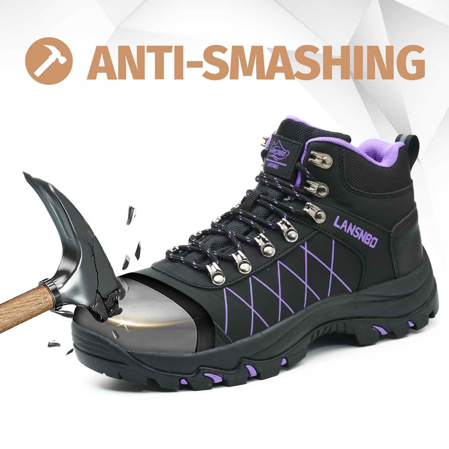 LANSNBO Waterproof Steel Toe Work Boots for Women Wide Width (Purple-9)