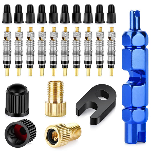 26 Pieces Presta Valve Core Repair Kit，Tubeless Valve&Presta Valve Caps；Valve Core Removal Tool and Adapter with Black Tire Valve Caps