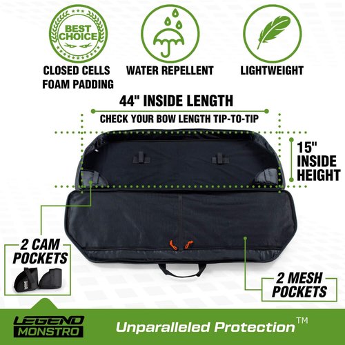 Legend Monstro Compound Bow Case - Soft Bow Case for Compound Bow, Padded Bow and Arrow Case for Archery Accessories, Premium Archery Bow Cases with 37" Arrow Tube Pocket for Travel - 44" Black/Green