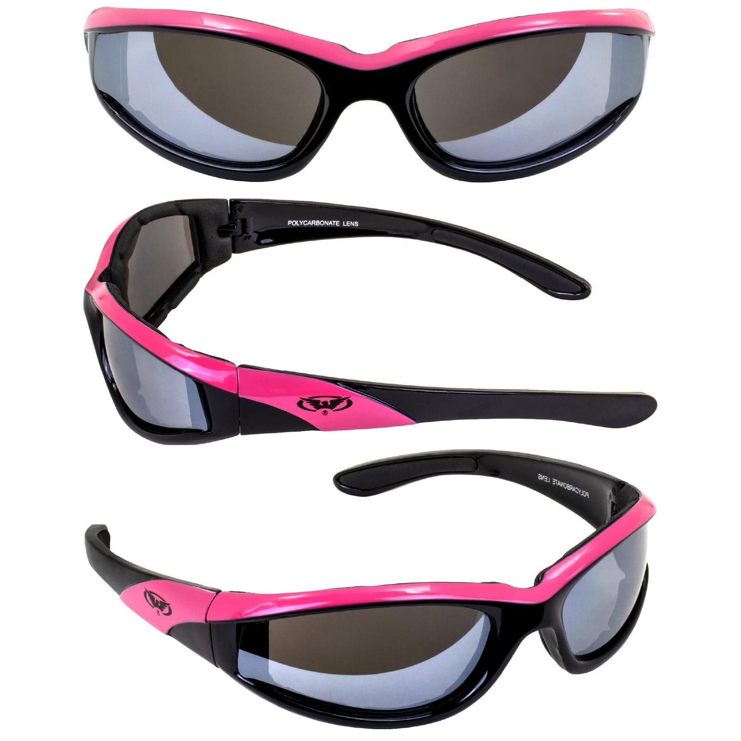 Global Vision Hawkeye Pink Frame Sunglasses Flash Mirror Lenses, Vented EVA Foam to keep sweat, wind, dust out of your eyes, UV400 and Scratch Resistant Unbreakable Shatterproof Polycarbonate Lenses