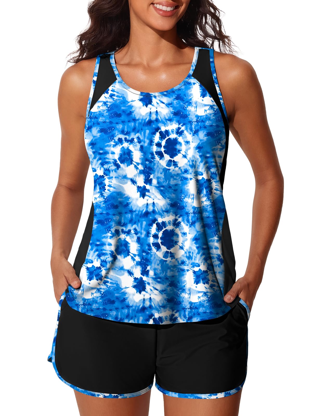 Summer Mae Blouson Tankini Swimsuits for Women 2026 Tummy Control Two Piece Bathing Suits with Sporty Pockets Swim Shorts Blue Tie-Dye Size 6