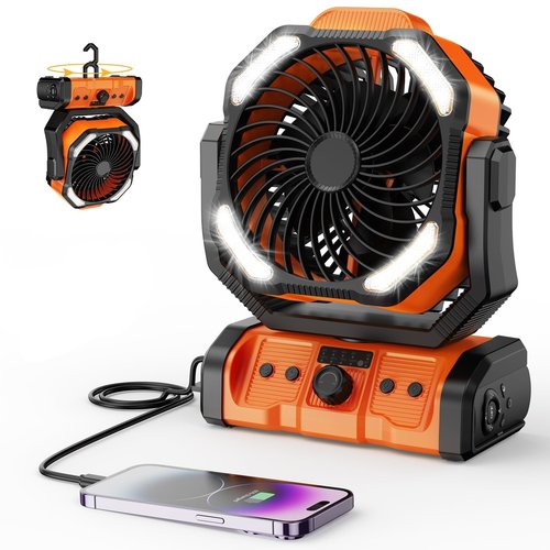CAMPERFECT Camping Fan Rechargeable, 20000mAh Battery Powered Portable Fan with LED Light & Hanging Hook, 4 Speeds Quiet Outdoor Fans for Tent, Travel, Emergency, BBQ, and Home Use (Orange)