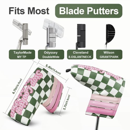 Craftsman Golf Green&White Checkered Putter Headcover Blade Putter Cover Golf Club Headcover Putter Cover for Woman Pink Lettering Fits for Ping Scotty Cameron