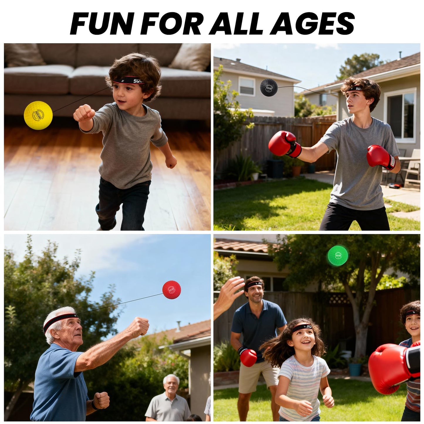 SQUAD Boxing Reflex Ball Set - 4-Level Reaction Balls + Adjustable Headband - Train Speed, Timing & Hand-Eye Coordination - Safe Fun for Kids & Adults - Boxing/MMA/Krav MAGA Home Workout Gift