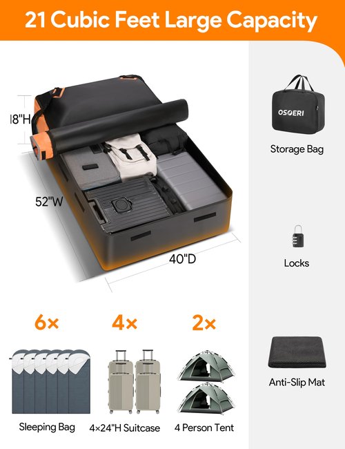 Car Roof Carrier Bag, 21 Cubic Feet Waterproof 840D Rooftop Cargo Carrier Bag for All Top of Vehicle, Includes Topper Anti-Slip Mat, Reinforced Straps, 6 Door Hooks