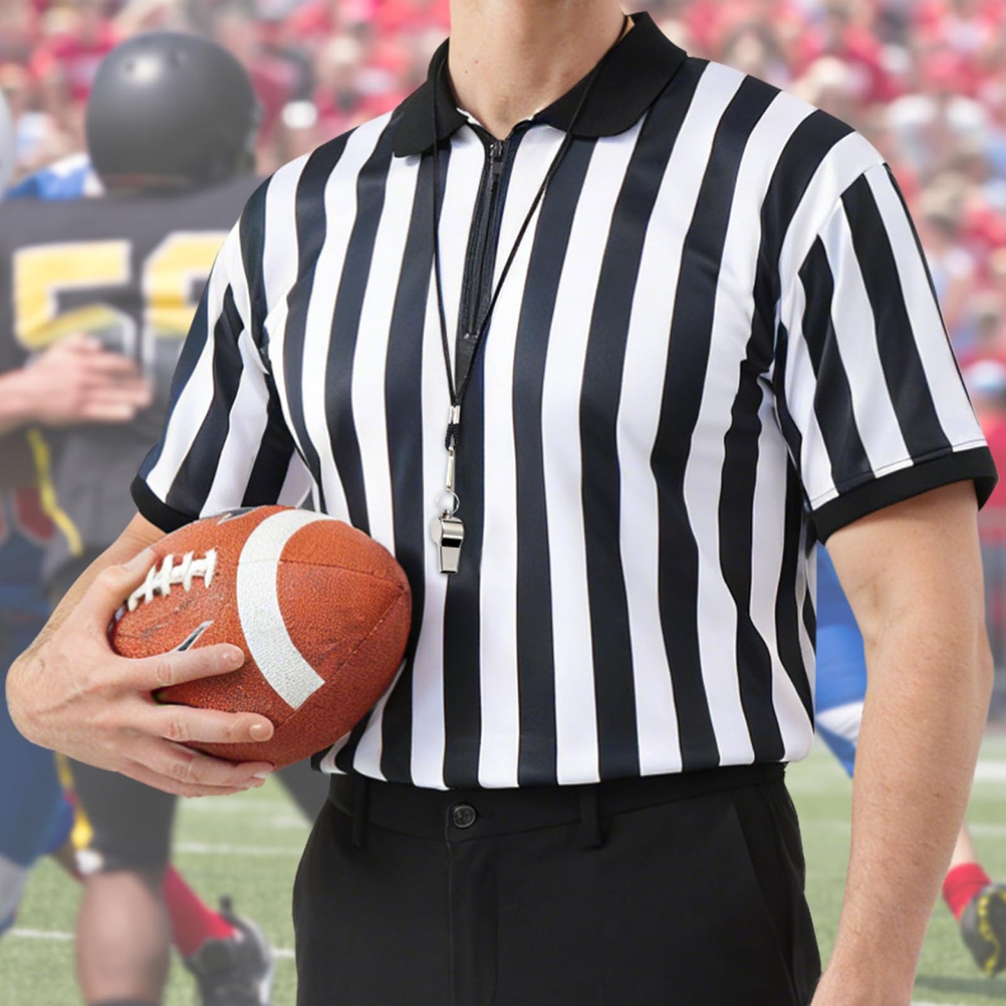 Referee Shirt for Men & Women, 4-Piece Ref Uniform Set with Zipper Collar, Whistle, Hat & Penally Flag for Football & Soccer (Large)