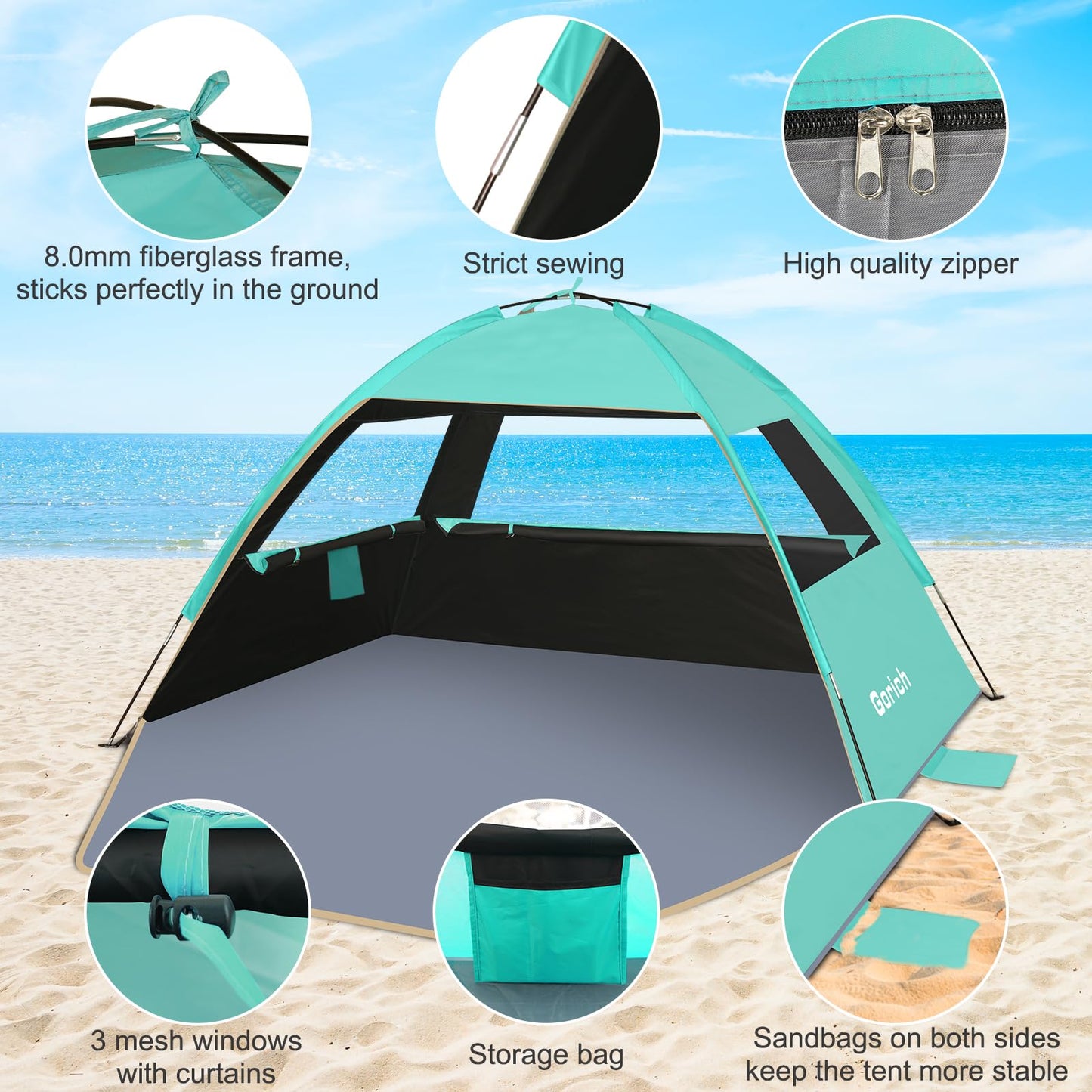 Gorich Beach Tent Sun Shelter for 3/4/6/8/10 Person with UPF 50＋ UV Protection, Lightweight & Easy Setup Beach Shade Canopy, Portable Beach Shade Tent Beach Cabana