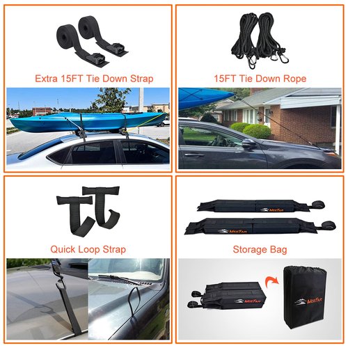 MeeFar Universal Car Soft Roof Rack Pads Luggage Carrier System for Kayak Surfboard SUP Canoe Include 2 Heavy Duty Tie Down Straps, 2 Tie Down Rope, 2 Quick Loop Strap and Storage Bag