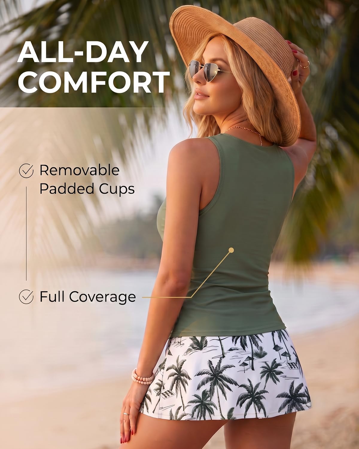 Daci Womens Green Palm Tree Tankini Swimsuits with Skirt Tummy Control L