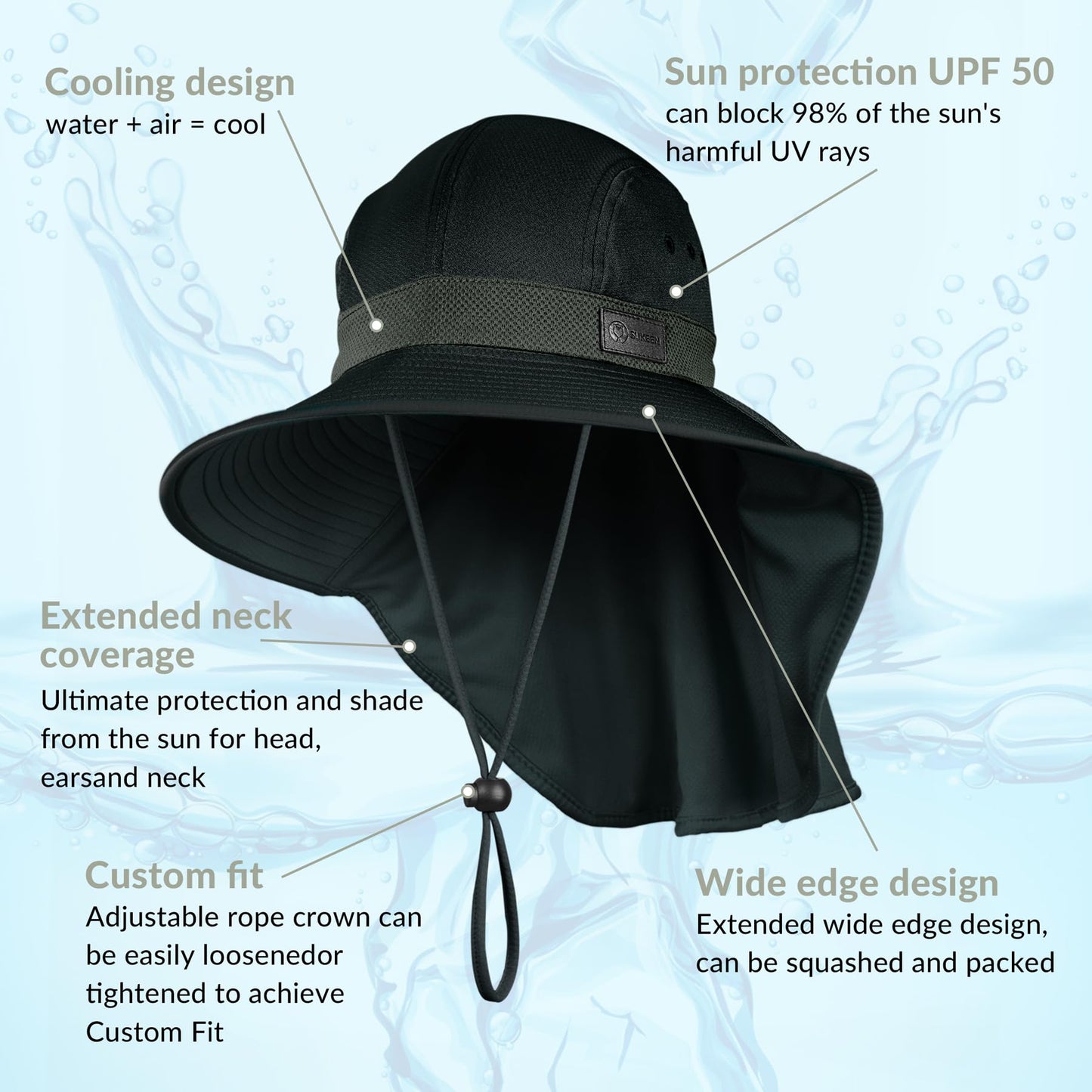 Sukeen Cooling Sun Hat for Men Women UPF50+ Wide Brim Fishing Hat with Neck Flap Adjustable Foldable Bucket Hat for Hiking Black
