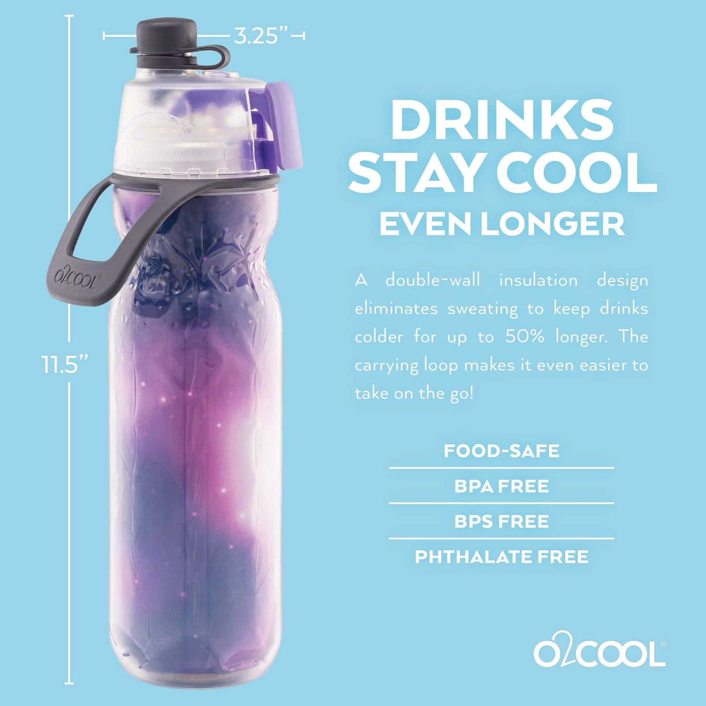 O2COOL Mist 'N Sip Misting Water Bottle 2-in-1 Mist And Sip Function With No Leak Pull Top Spout Reusable Sports Water Bottle - 20 oz (Celestial Purple)