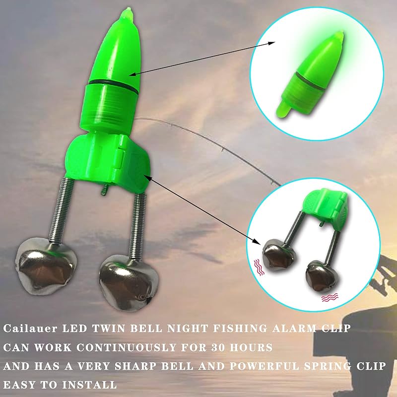 20Pcs LED Twin Bell Fishing Alarm Clip - Green Night Bite Alarms (Variation: 20Pcs Green)