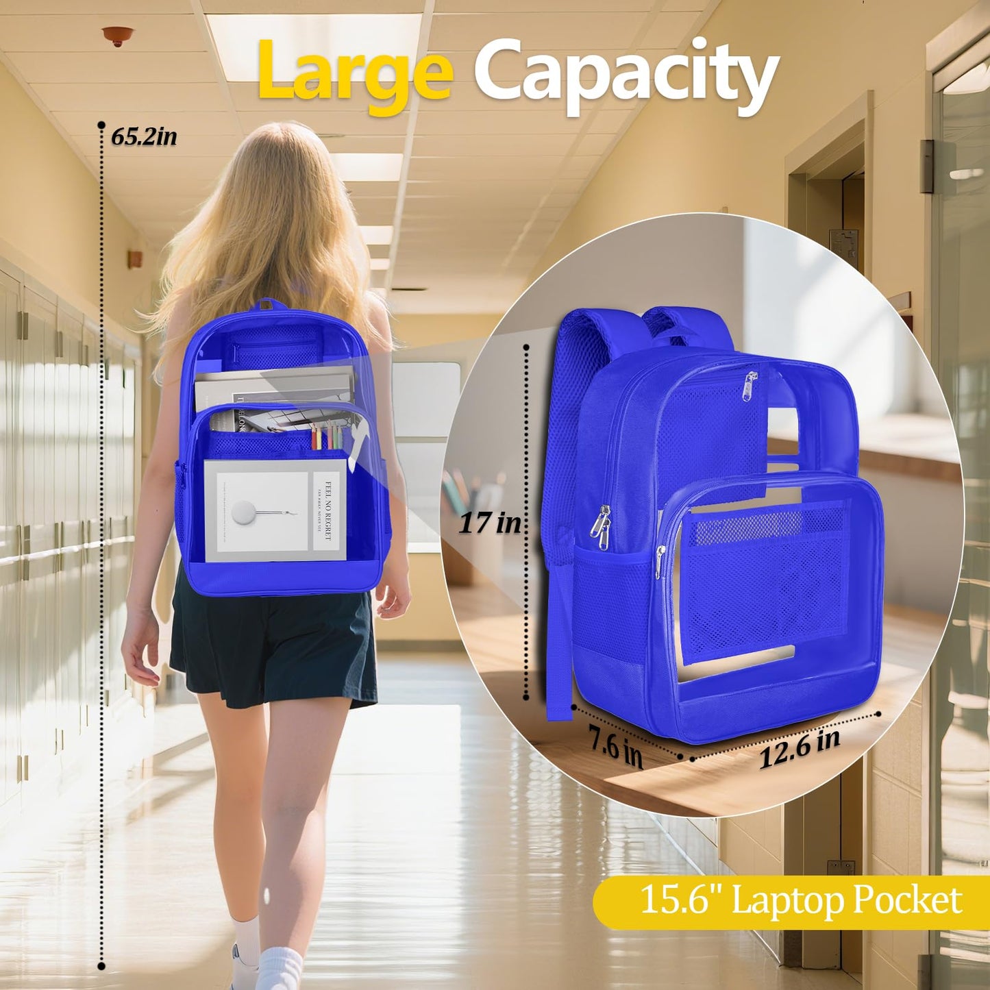 BrillaraSymn Heavy Duty Clear Backpack for School, Sturdy Fabric Clear Bookbag, Transparent PVC & Oxford Backpacks with Privacy Pocket for Boys Girls,Men & Women, Blue