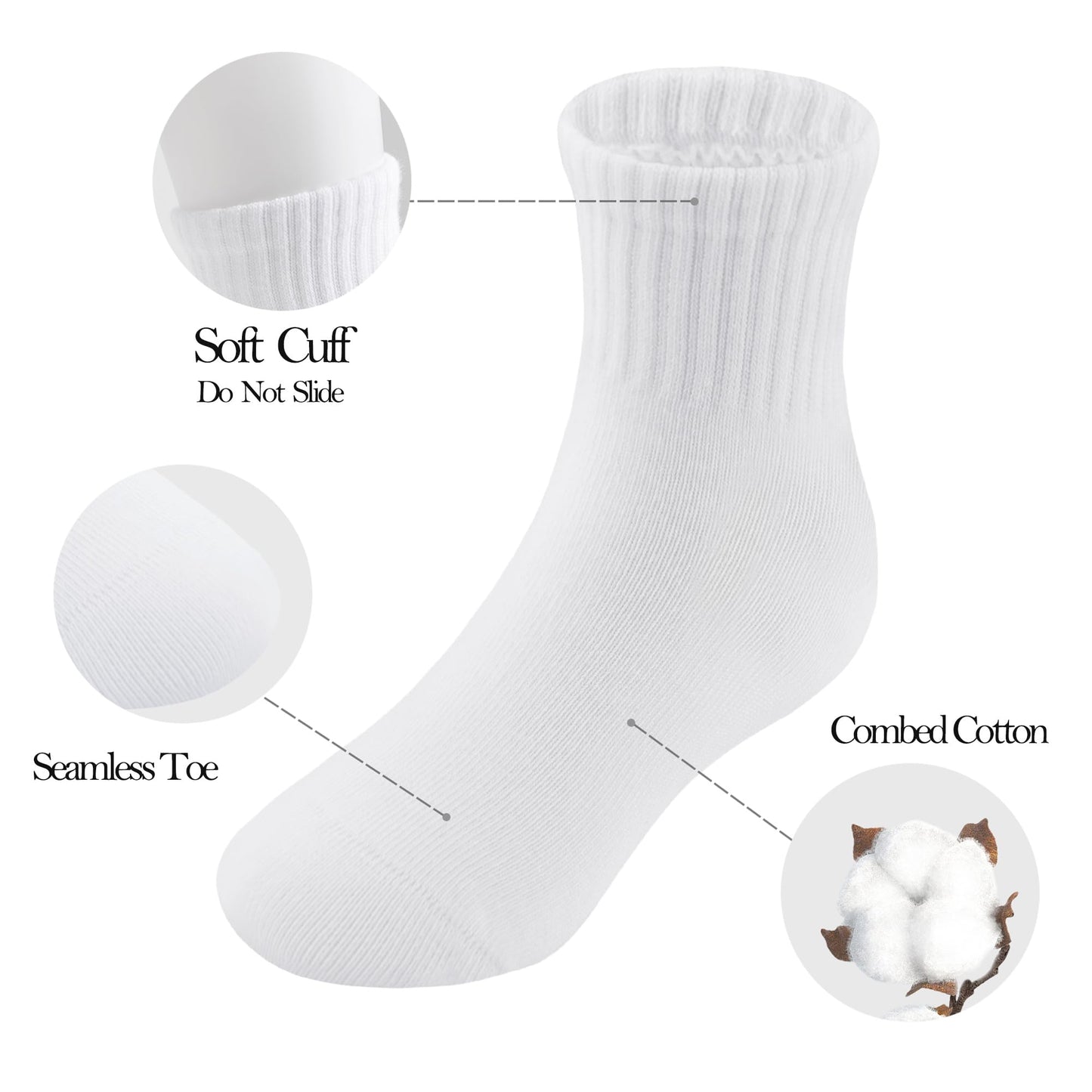 JORMATT 4 Pairs School Kids Boys Socks Girls Cotton Athletic Crew Dress Socks Seamless Toe Unisex, White Size XL 11-14 Years