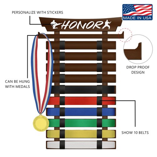 SD FACTORY 12 Belts Karate Belt Display Rack with Stickers Wall Mounted Taekwondo Belt Display No Assembly Required BJJ Kids and Adults Hanging Stands (12)