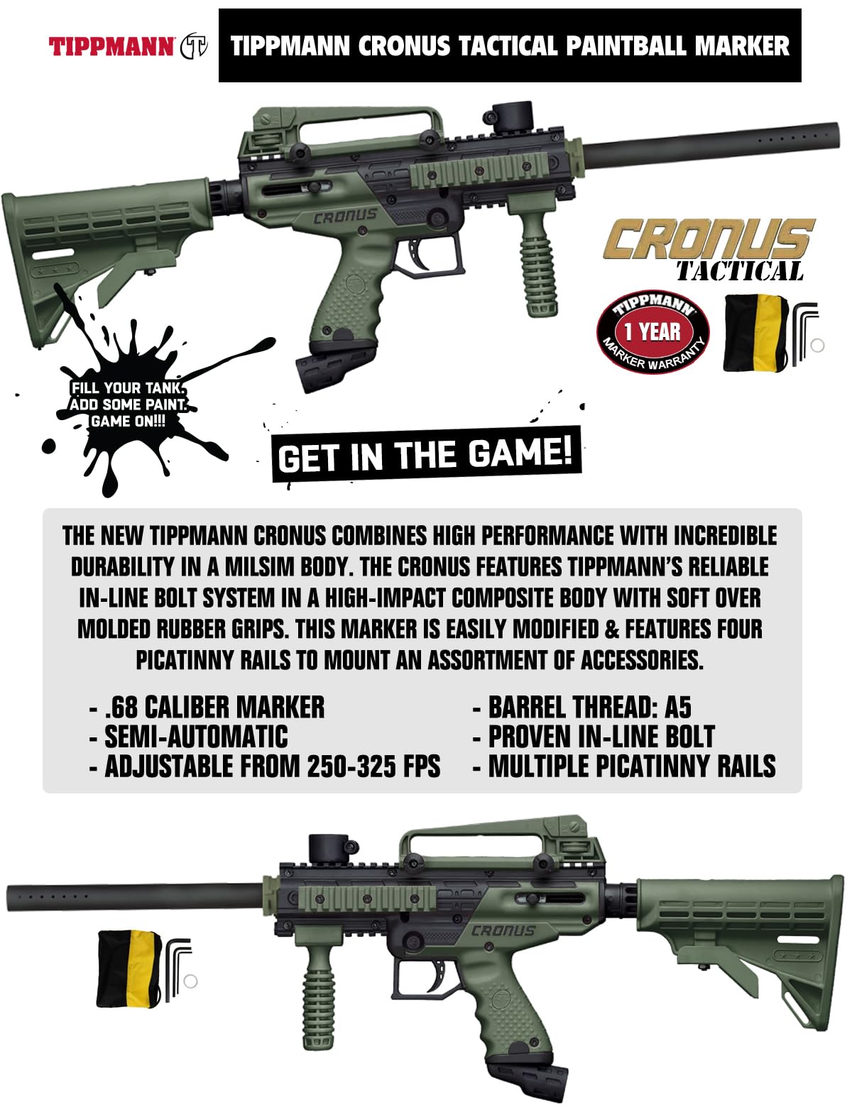 Maddog Tippmann Cronus Tactical Paintball Gun Marker and Silver CO2 Accessory Starter Package | Comes with Marker, Anti-Fog Mask, Hopper, Harness, Pods, & 20oz CO2 Tank - Black/Olive