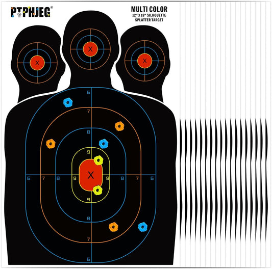 10/25/50 Paper Targets for Packet Ranges, Bulk for Hunting, Silhouette with Red Bullseye, Three Target Points (12x18 inches)