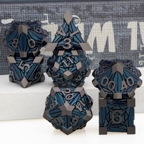ORIFANTOU 7PCS Metal DND Dice Set with Box, Debris RPG Black Blue D and D Dice for use with D&D Tabletop Games Role Playing Game Polyhedral Dice Set D20 D12 D10 D8 D6 D4