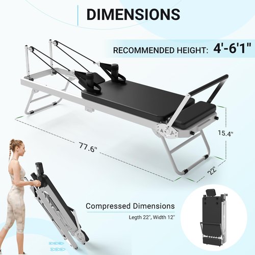 Pilates Reformer, PAETA Foldable Reformer Pilates Machine for Home Use, with Dual Resistance- Springs and Cords, Pilates Equipment for Home Workouts with Jump Board, Up to 400 LBS(White