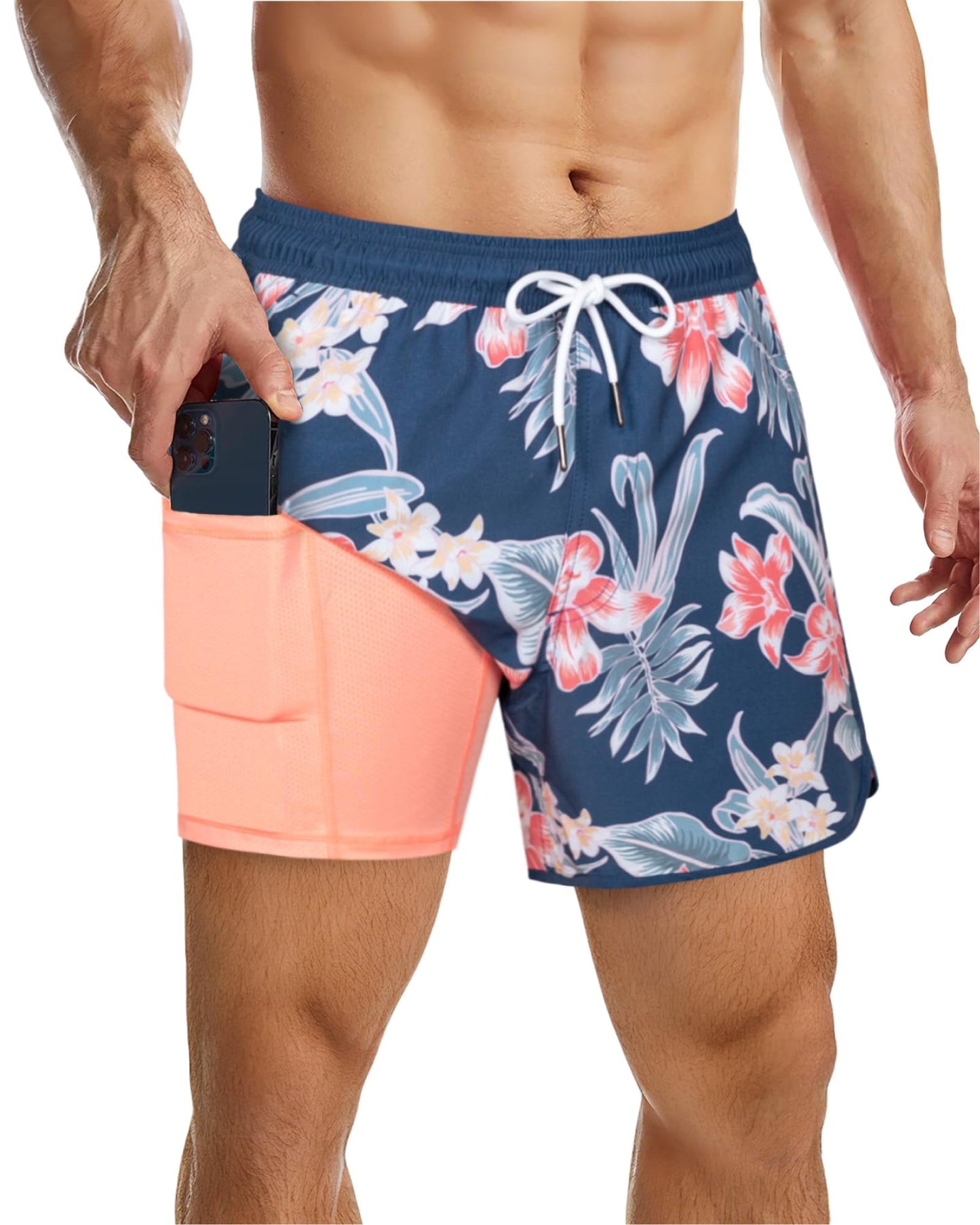 SURF CUZ Mens Swim Trunks with Compression Liner 5" Swimming Trunks 5 Inch Retro Swim Shorts with Zipper Pockets,Blue Retro,M